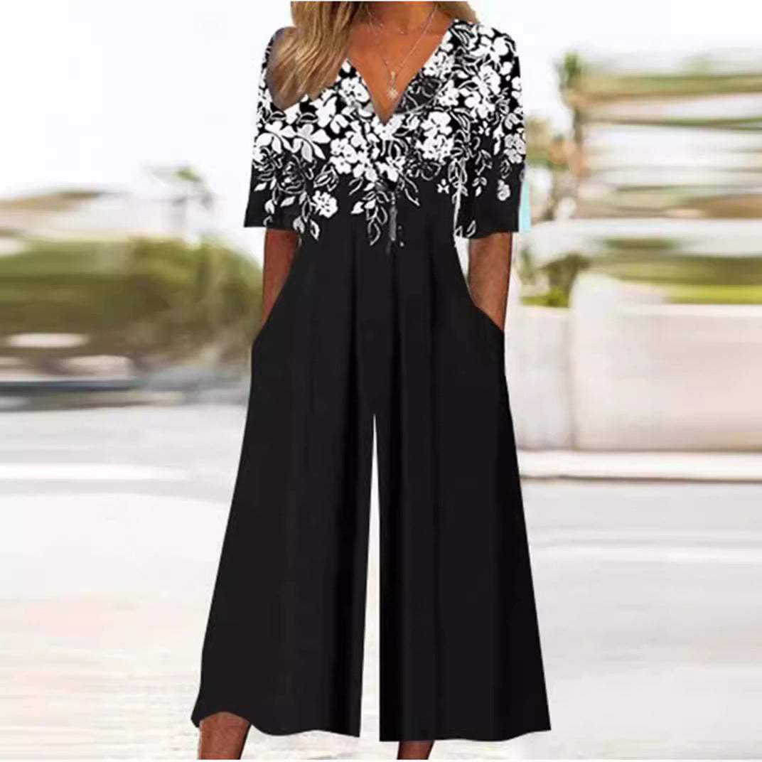 Essen - Eleganter Ausgestellter Jumpsuit mit V-Ausschnitt für Damen Schwarz