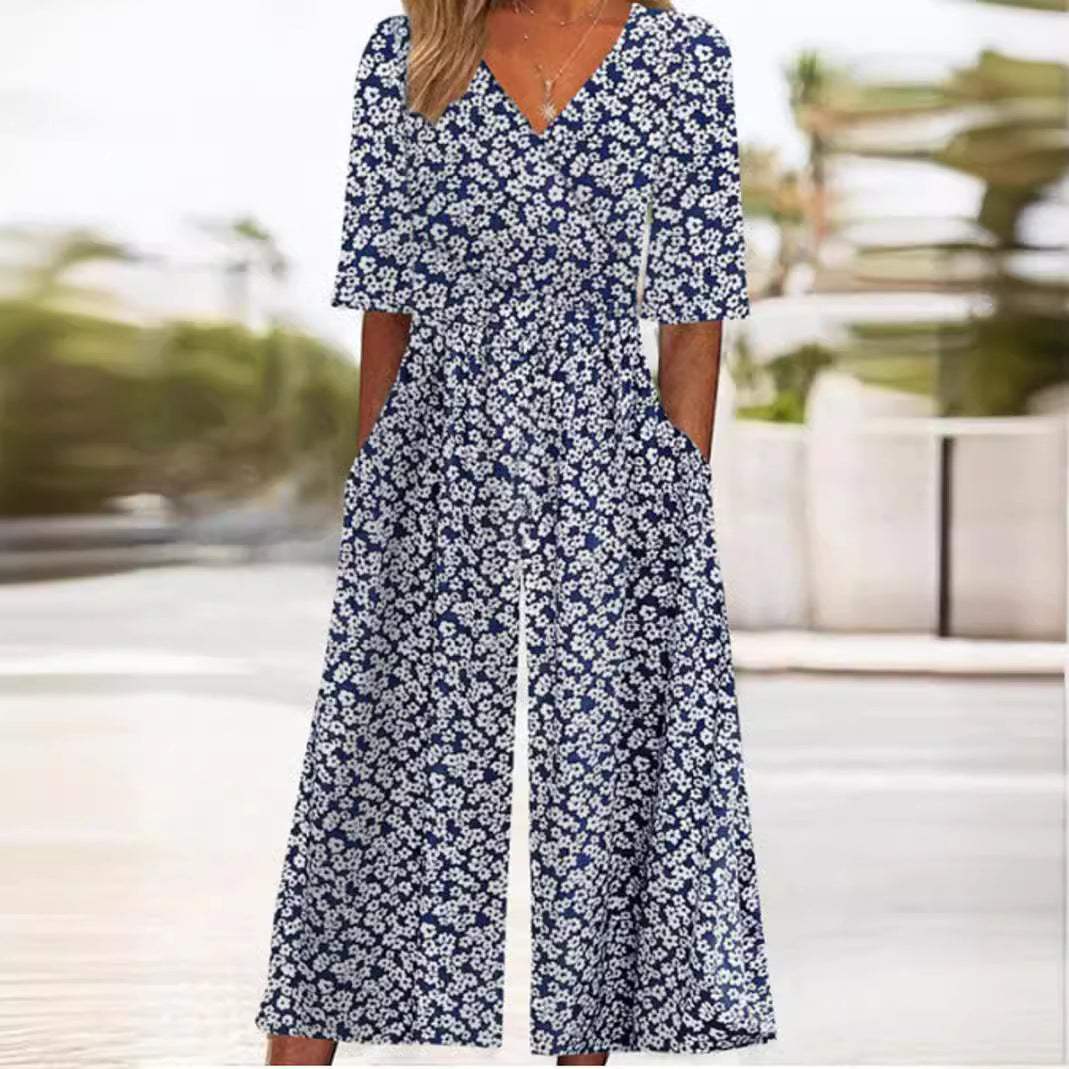 Essen - Eleganter Ausgestellter Jumpsuit mit V-Ausschnitt für Damen Weiß
