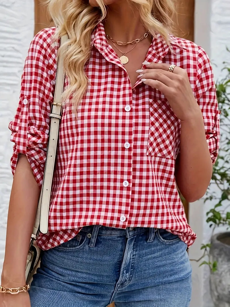 Evania – Damen Gingham Button-Down Hemd mit Stil Rot