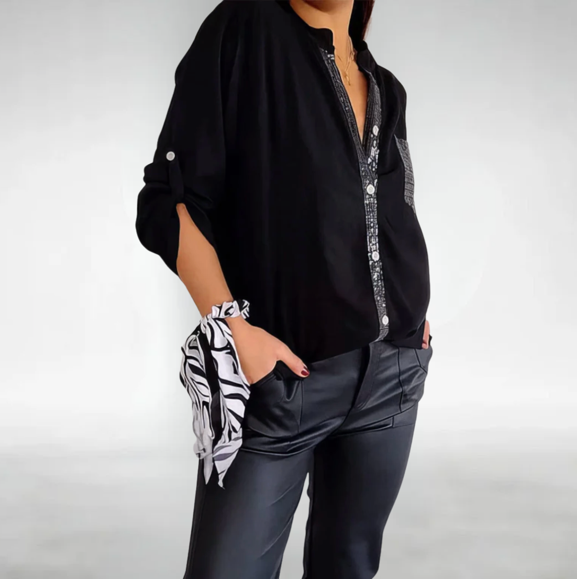 Evelina- Puck Patchwork Bluse Schwarz 1
