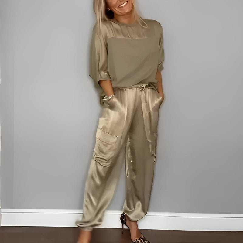 Glenna - Elegantes Satin-Top mit halben Ärmeln und Hose