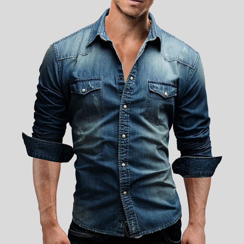 Faisu - Herren Denim-Hemd in Vintage-Optik Dunkelblau 2