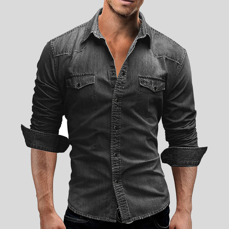 Faisu - Herren Denim-Hemd in Vintage-Optik Schwarz 2
