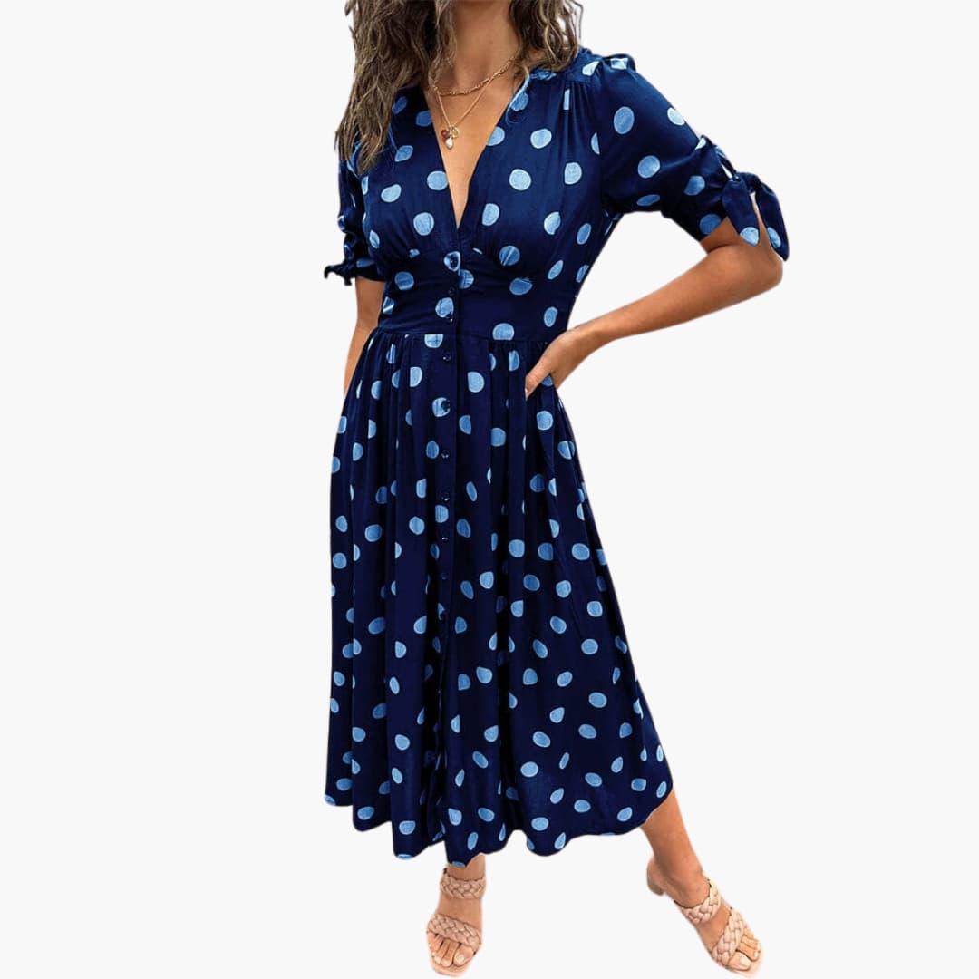 Falina - Damen Polka Dots Kleid – Midi Sommerkleid mit Knöpfen Blau