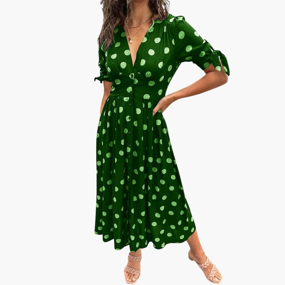 Falina - Damen Polka Dots Kleid – Midi Sommerkleid mit Knöpfen Grün