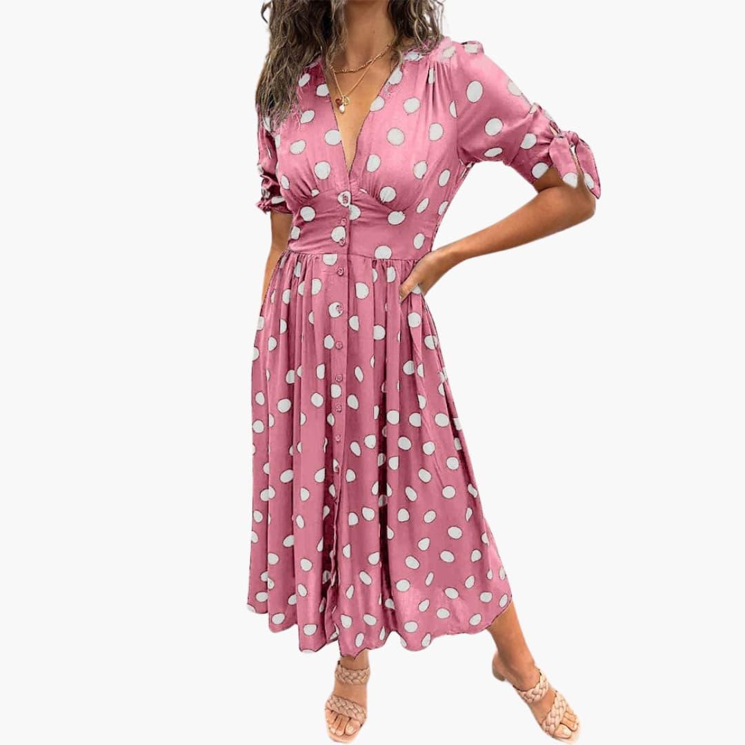 Falina - Damen Polka Dots Kleid – Midi Sommerkleid mit Knöpfen Rosa