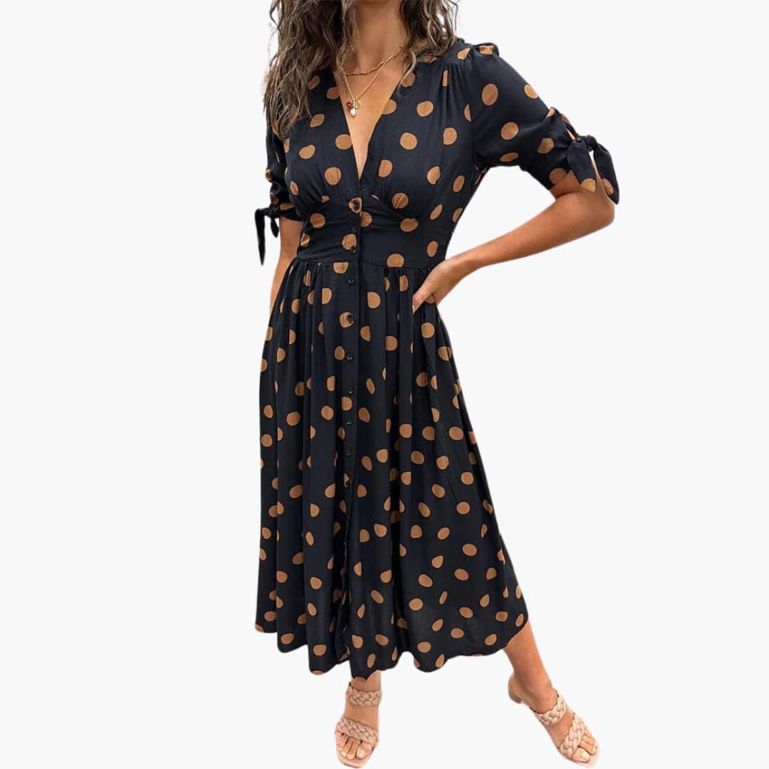 Falina - Damen Polka Dots Kleid – Midi Sommerkleid mit Knöpfen Schwarz