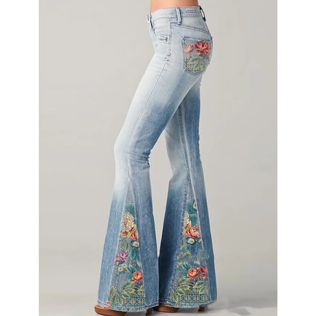 Fariha - Damen Vintage Blumen Bestickte Jeans Blau