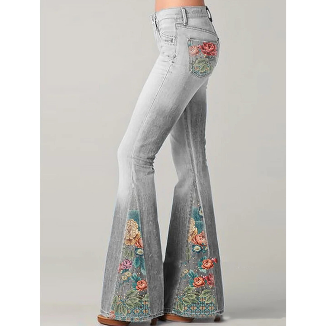 Fariha - Damen Vintage Blumen Bestickte Jeans Grau