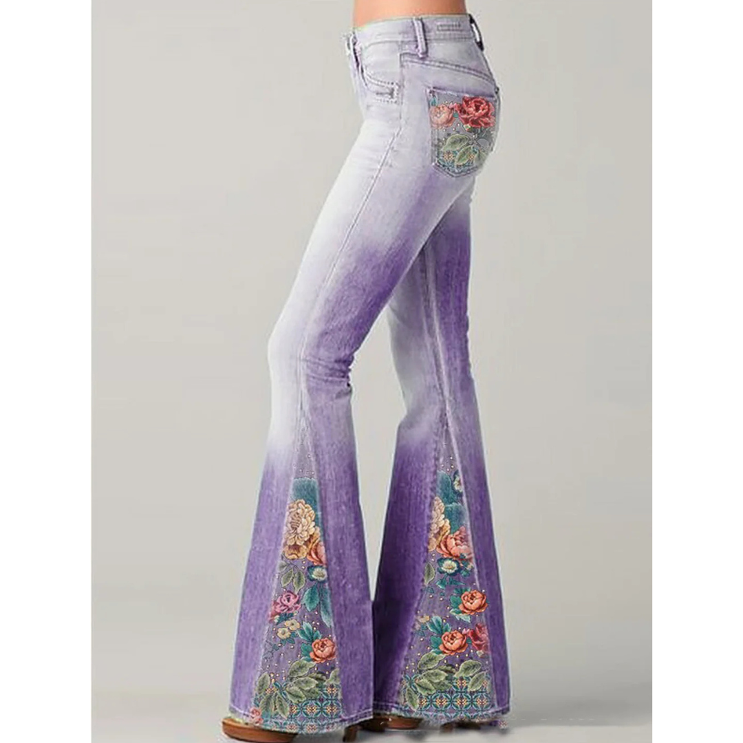 Fariha - Damen Vintage Blumen Bestickte Jeans Lila