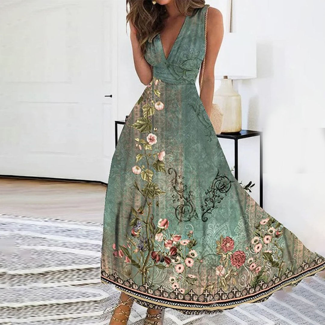 Felizitas - Damen Sommer Luftiges Tiefes V-Ausschnitt Blumen Kleid Grun
