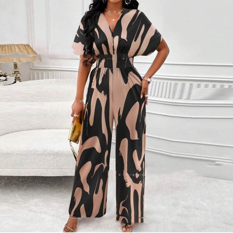 Femia – Bedruckter Damen-Jumpsuit mit V-Ausschnitt Khaki