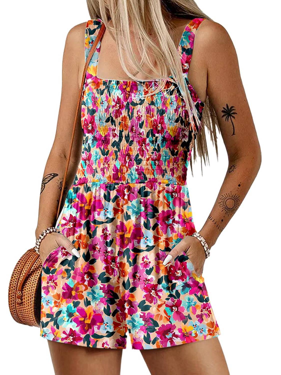 Fernanda – Ärmelloser Sommer Playsuit mit quadratischem Ausschnitt Rosa