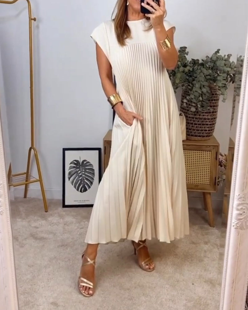 Florentia-Ärmelloses schlichtes einfarbiges Kleid mit Falten Beige