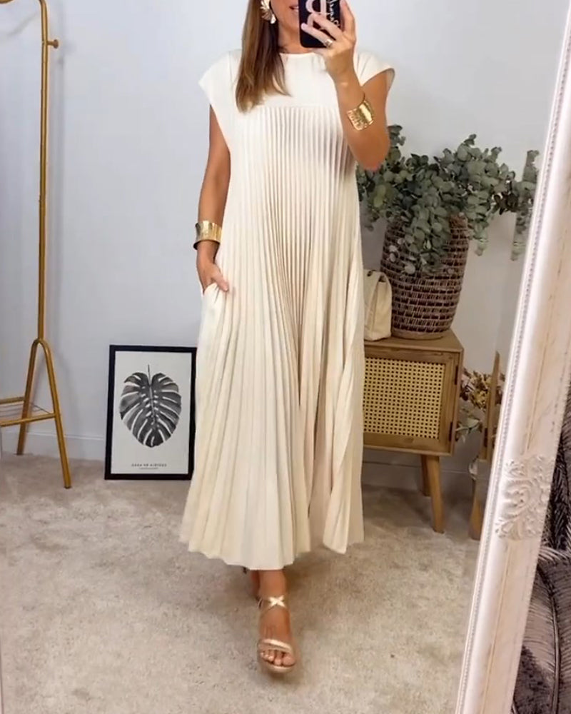 Florentia-Ärmelloses schlichtes einfarbiges Kleid mit Falten Beige 1