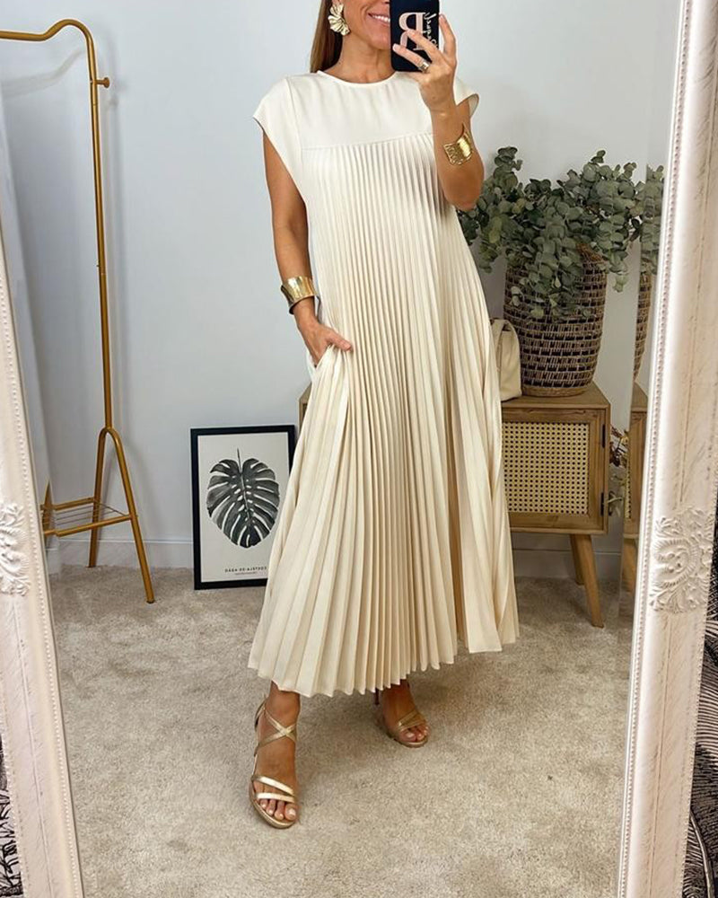 Florentia-Ärmelloses schlichtes einfarbiges Kleid mit Falten Beige 2