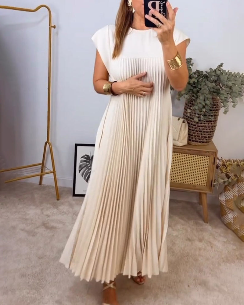 Florentia-Ärmelloses schlichtes einfarbiges Kleid mit Falten Beige 3