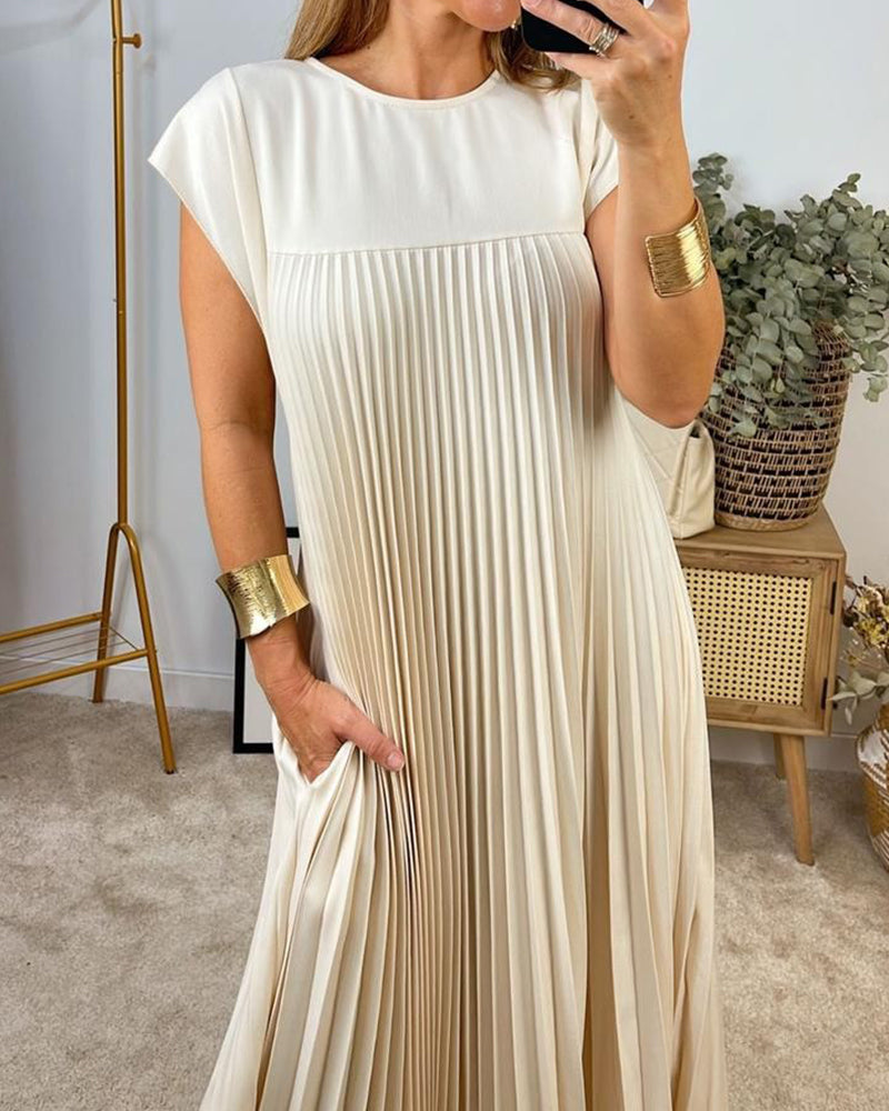 Florentia-Ärmelloses schlichtes einfarbiges Kleid mit Falten Beige 4