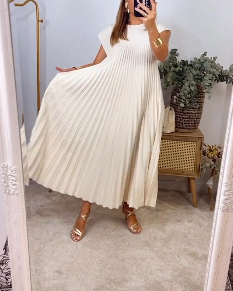 Florentia-Ärmelloses schlichtes einfarbiges Kleid mit Falten Beige 5