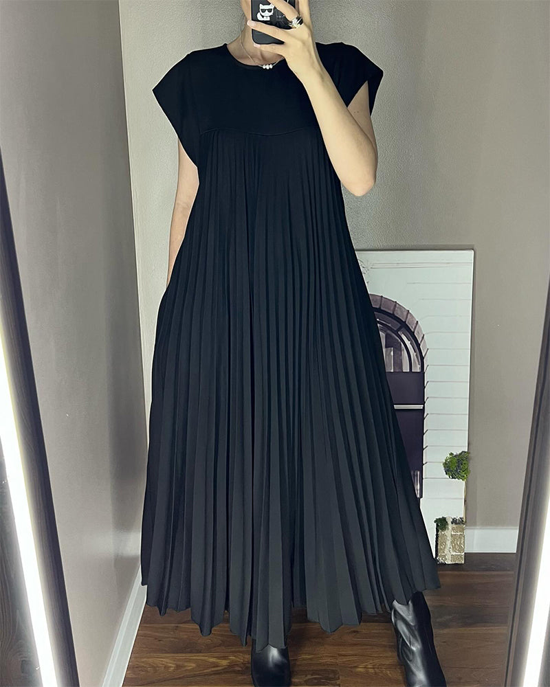 Florentia-Ärmelloses schlichtes einfarbiges Kleid mit Falten Marineblau