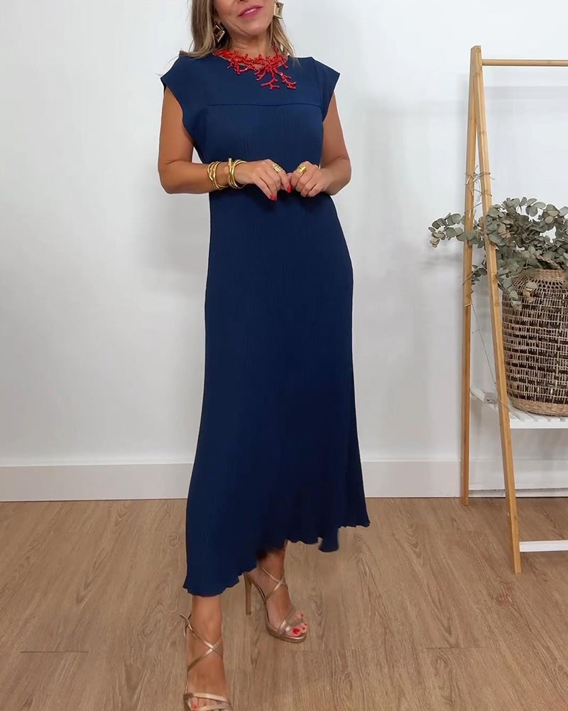 Florentia-Ärmelloses schlichtes einfarbiges Kleid mit Falten Marineblau 2