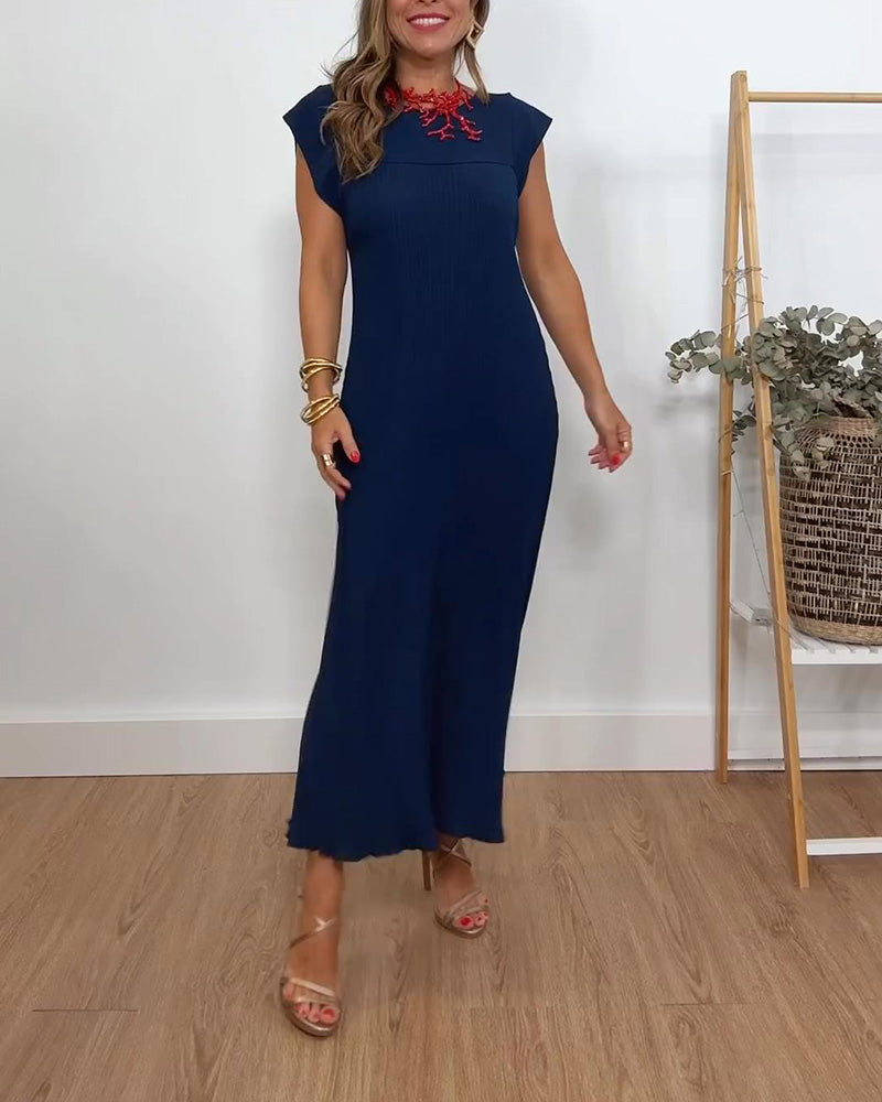 Florentia-Ärmelloses schlichtes einfarbiges Kleid mit Falten Marineblau 3