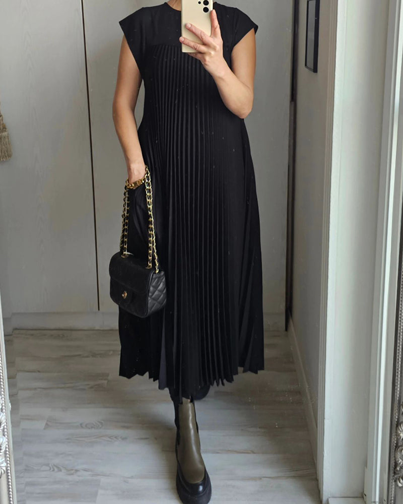 Florentia-Ärmelloses schlichtes einfarbiges Kleid mit Falten Schwarz