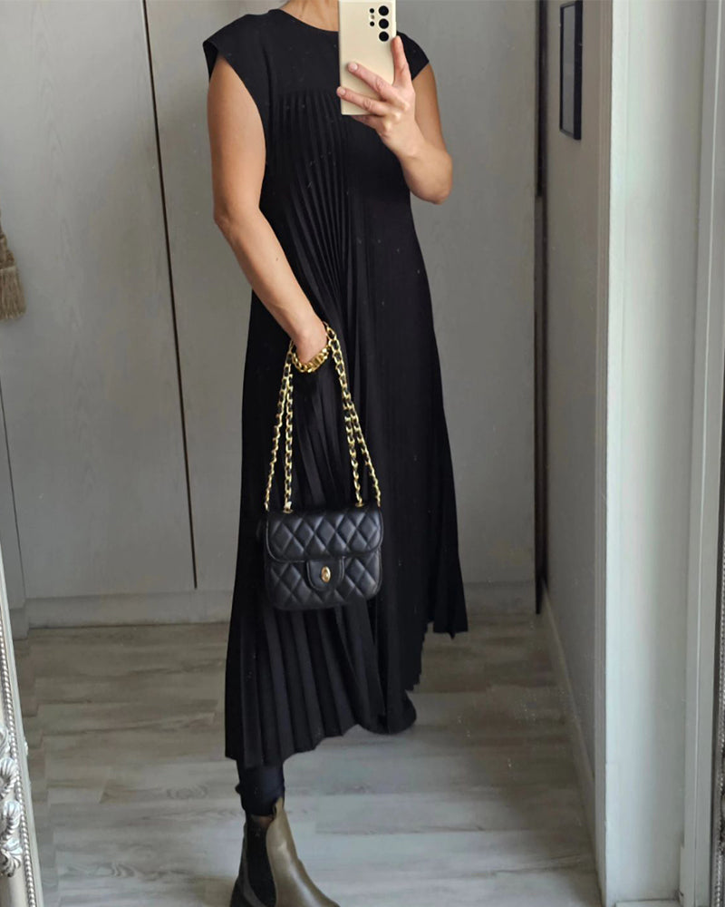 Florentia-Ärmelloses schlichtes einfarbiges Kleid mit Falten Schwarz 1