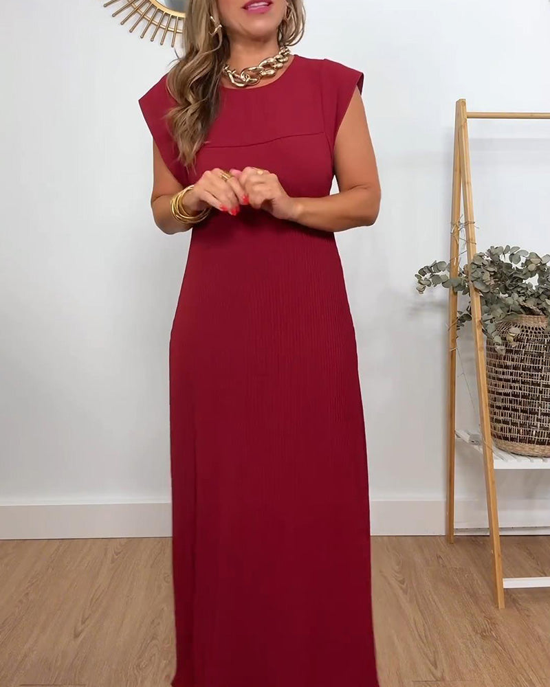 Florentia-Ärmelloses schlichtes einfarbiges Kleid mit Falten  Weinrot