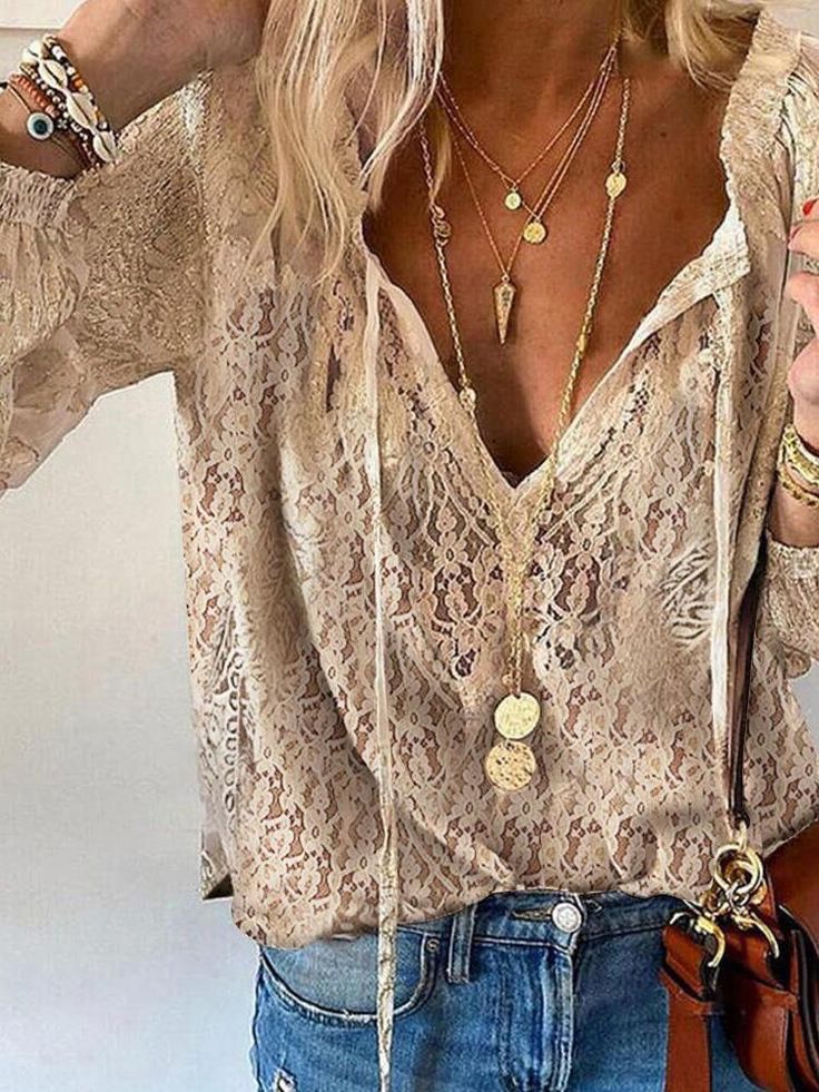  Florina - Bluse Im Boho Stil Mit Geschlitztem Ausschnitt Für Damen Khaki