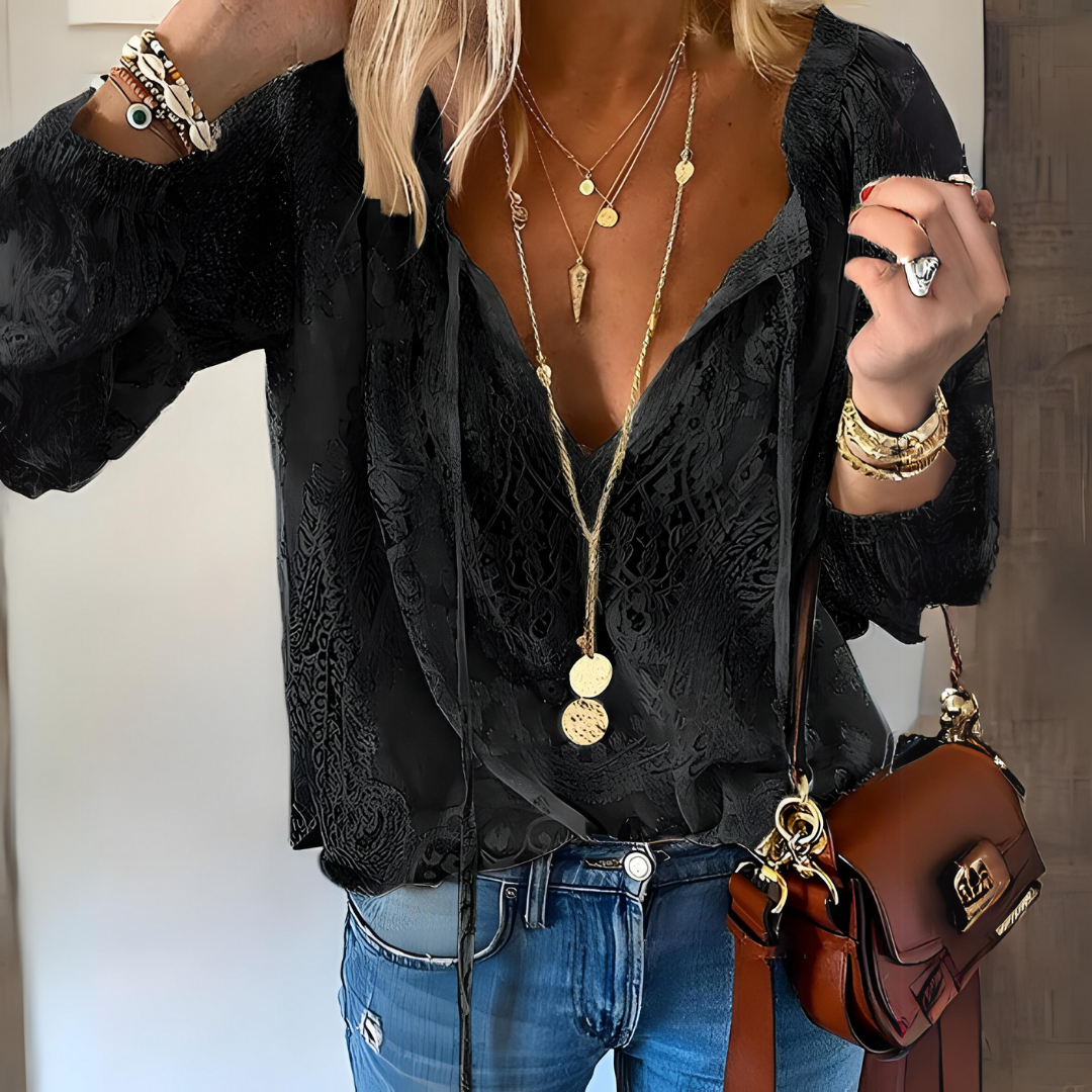  Florina - Bluse Im Boho Stil Mit Geschlitztem Ausschnitt Für Damen Schwarz