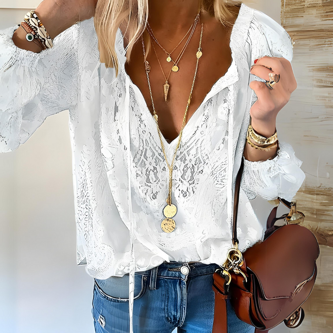  Florina - Bluse Im Boho Stil Mit Geschlitztem Ausschnitt Für Damen WeiB