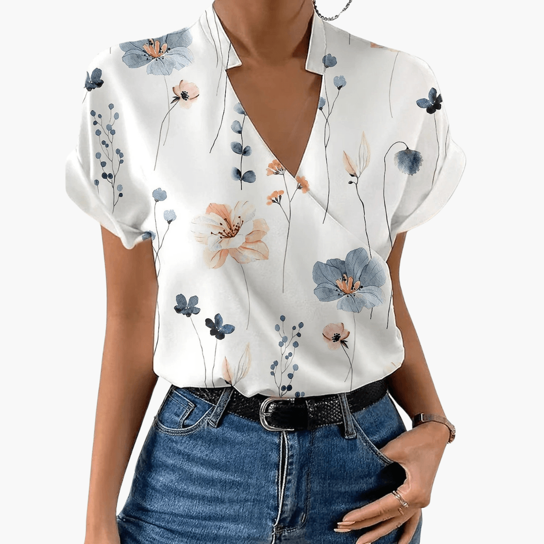 Florinde - Bluse mit floralem V-Ausschnitt für Damen – Leichte Sommerbluse Weiß-grau