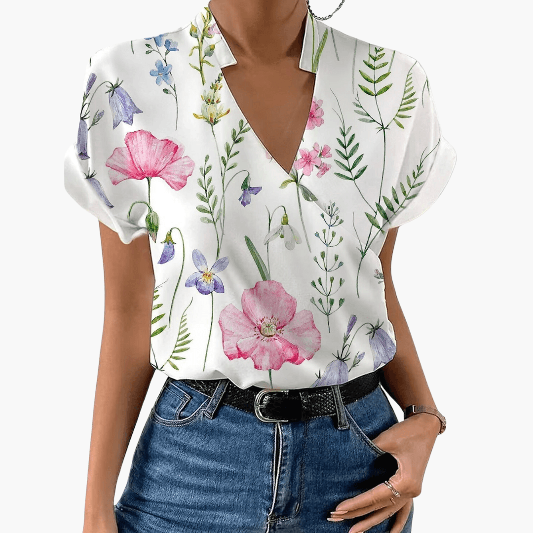 Florinde - Bluse mit floralem V-Ausschnitt für Damen – Leichte Sommerbluse Weiß rosa