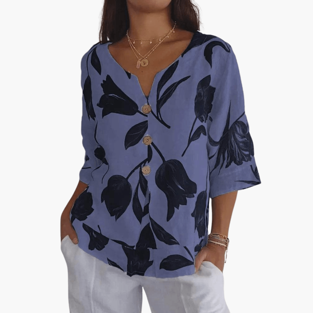 Fränze - Bluse Damen – Blumenmuster, V-Ausschnitt, Sommerlich Lila
