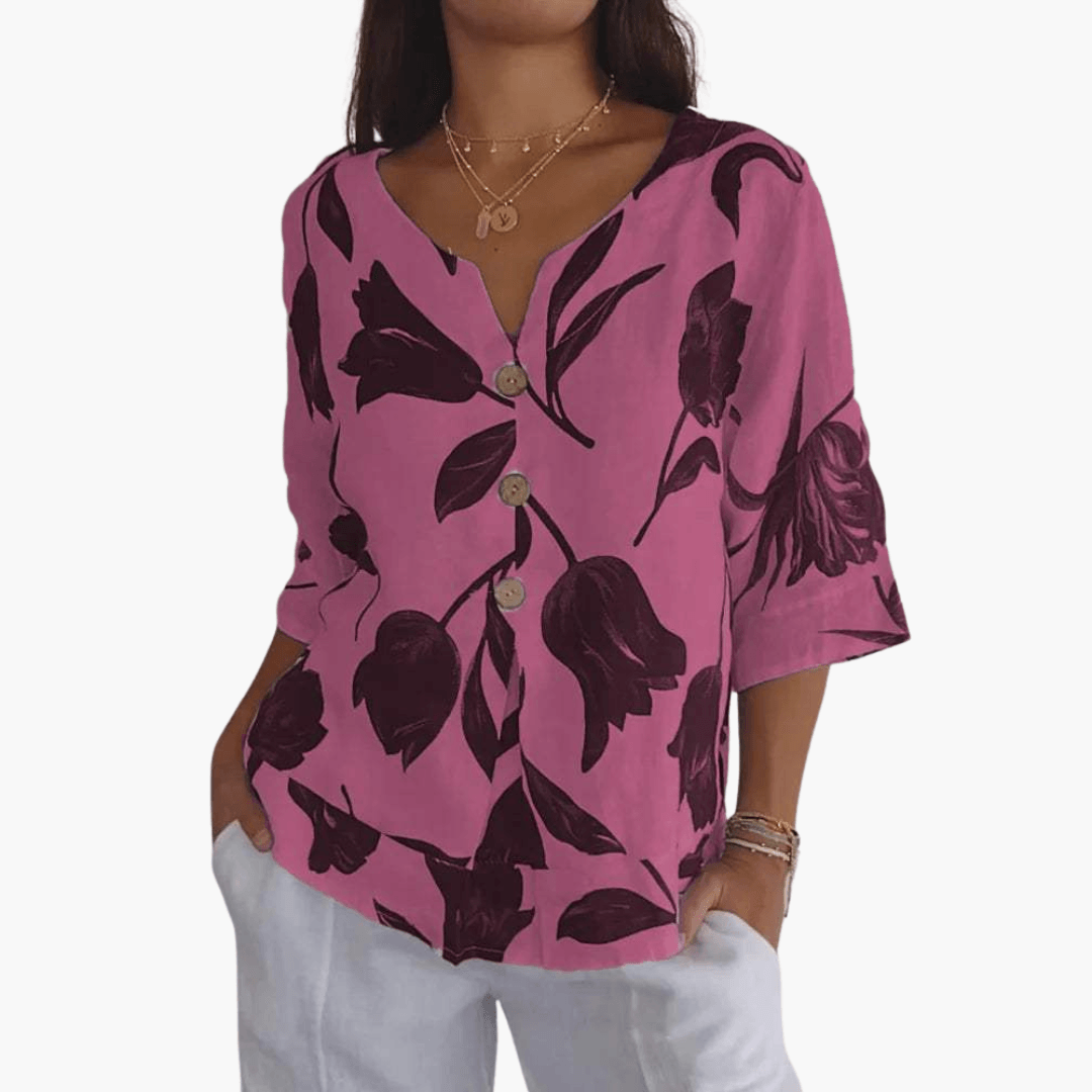 Fränze - Bluse Damen – Blumenmuster, V-Ausschnitt, Sommerlich Rosa