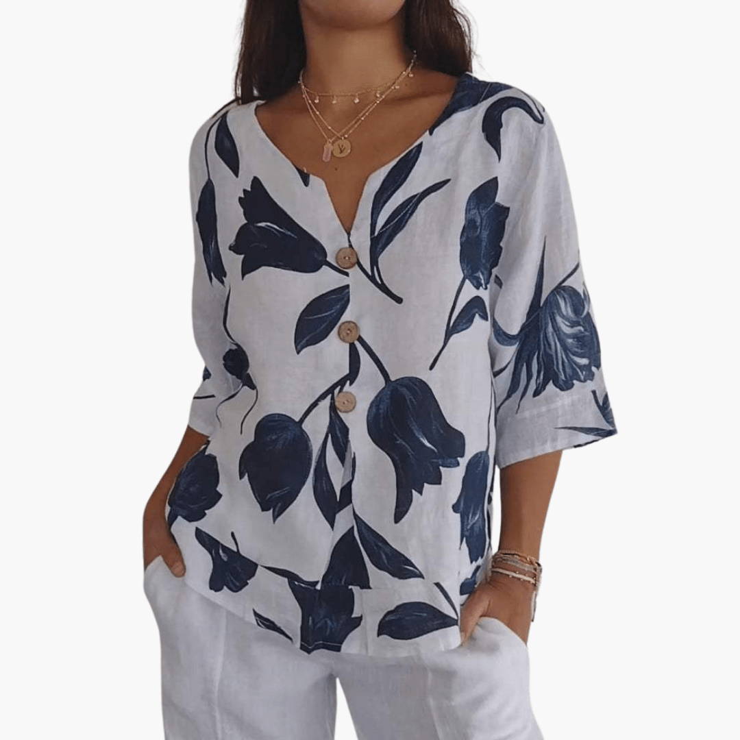 Fränze - Bluse Damen – Blumenmuster, V-Ausschnitt, Sommerlich Weiß