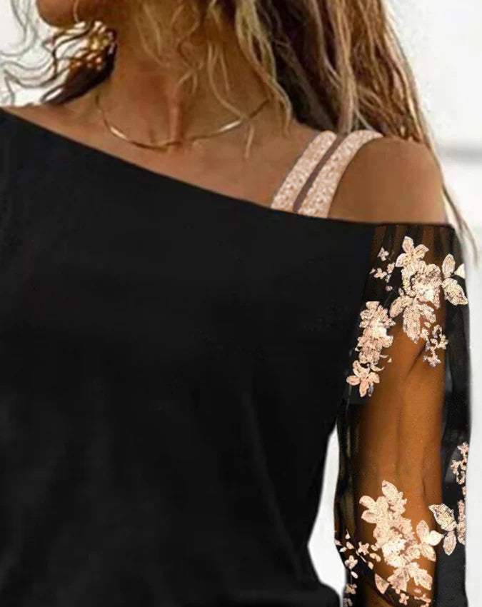 Frieda - kaltes trägershirt mit floralen pailletten Floral Schwarz 1