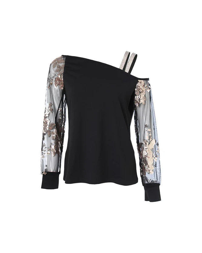 Frieda - kaltes trägershirt mit floralen pailletten Schwarz 3