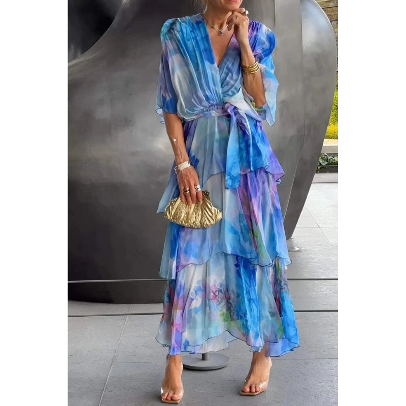 Friede - Damen Wickelkleid Mit Lagenmuster Blau