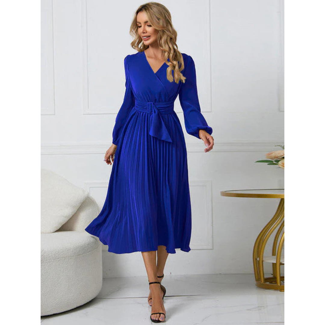 Fritzi - Damen Faltenrock Gürtel Taille V-Ausschnitt Kleid Blau