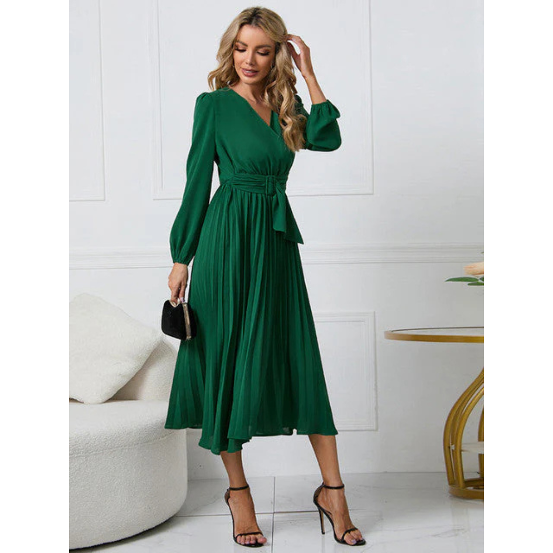 Fritzi - Damen Faltenrock Gürtel Taille V-Ausschnitt Kleid Grun