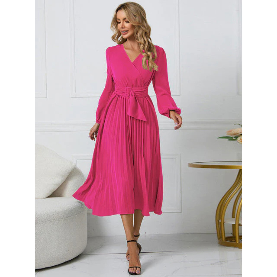 Fritzi - Damen Faltenrock Gürtel Taille V-Ausschnitt Kleid Rosa