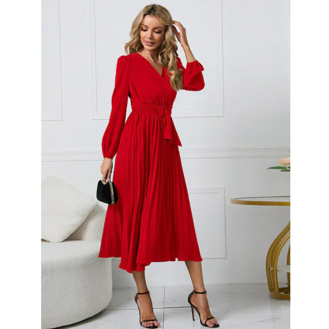 Fritzi - Damen Faltenrock Gürtel Taille V-Ausschnitt Kleid Rot