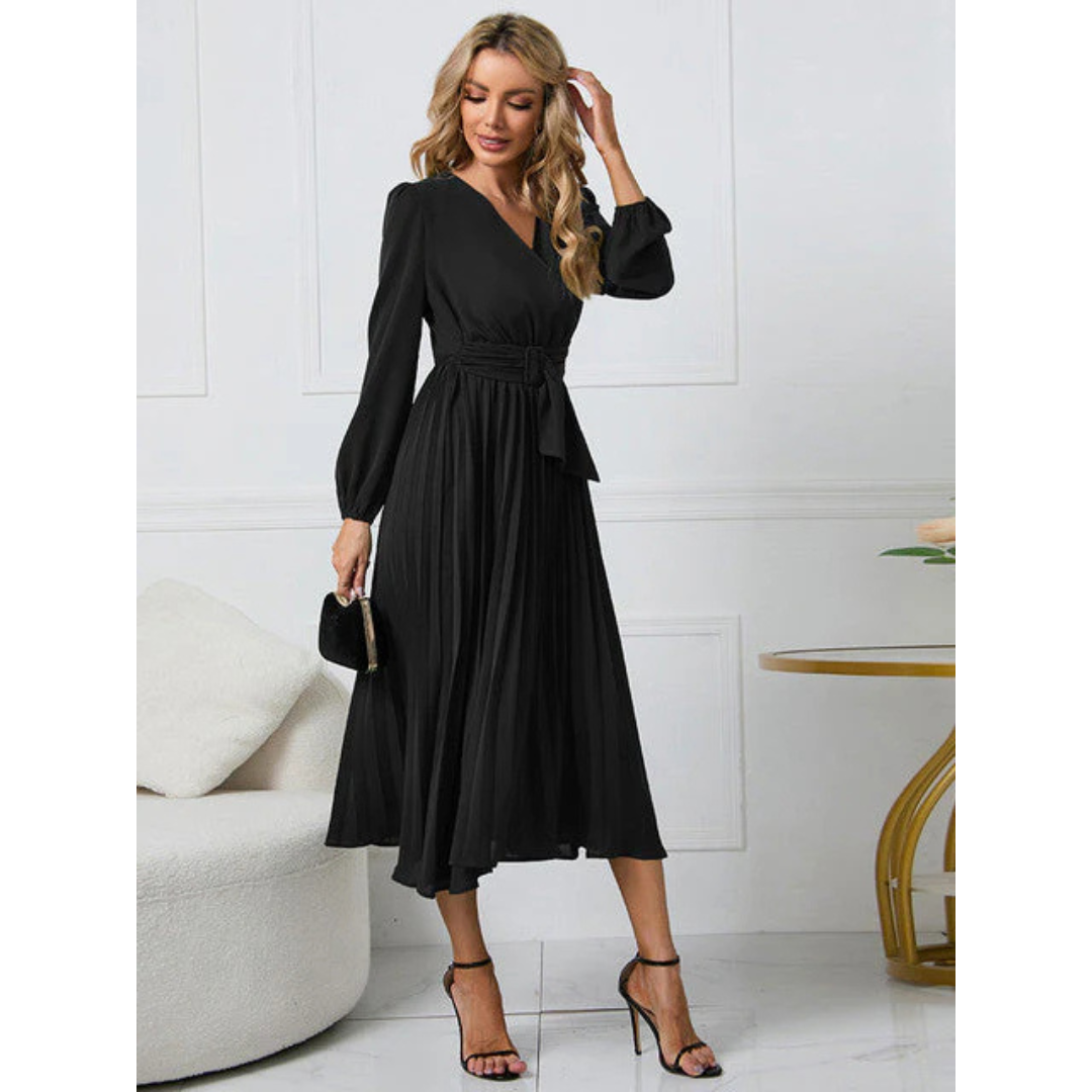 Fritzi - Damen Faltenrock Gürtel Taille V-Ausschnitt Kleid Schwarz
