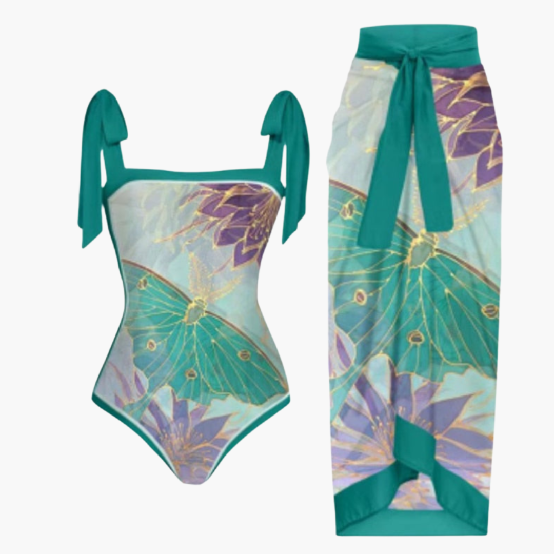 Fronika - Badeanzug mit Überwurf - Damen Einteiler mit Strandrock Blume