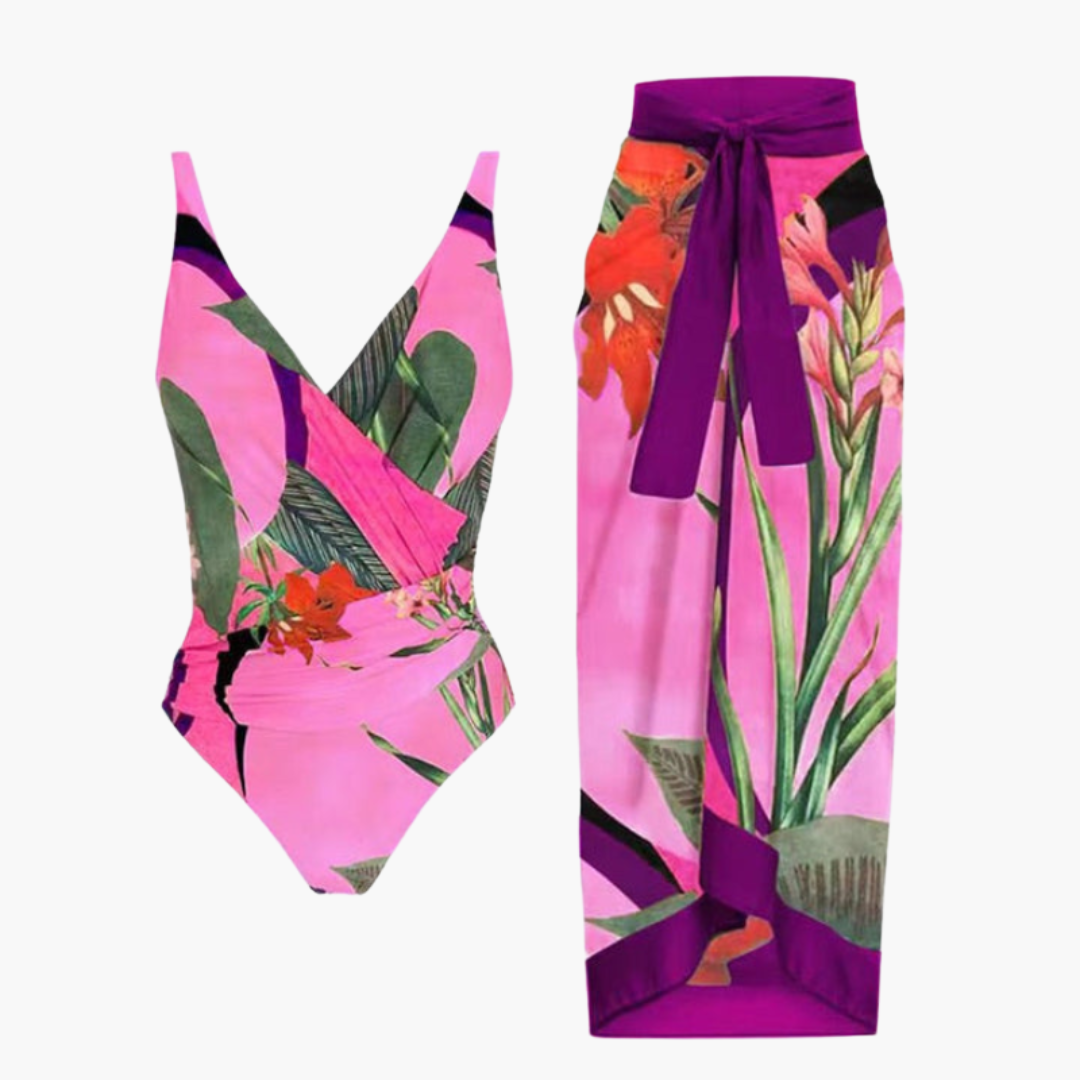 Fronika - Badeanzug mit Überwurf - Damen Einteiler mit Strandrock Flamingo