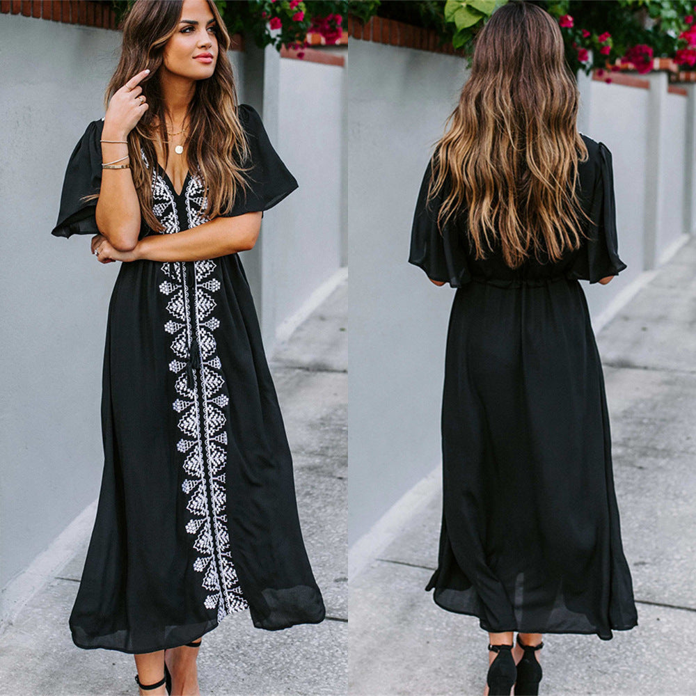 Geraldine- Damen Maxi Kleid mit kunstvoller Stickerei Schwarz