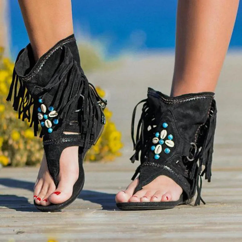 Geraldine - Boho-Sandalen mit Fransen Schwarz 