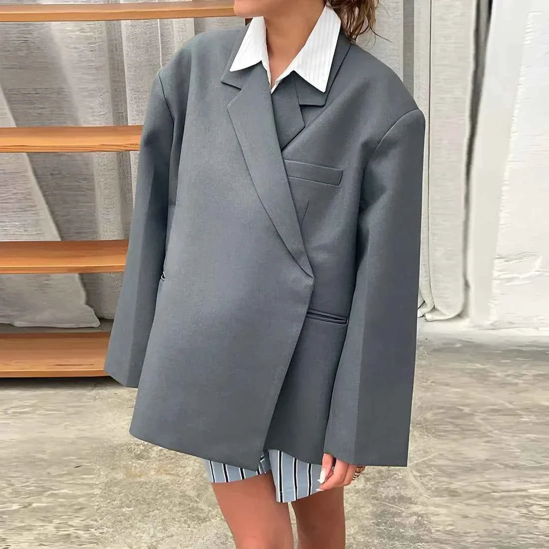 Gisela - Elegante Oversize Blazer Damen Grau